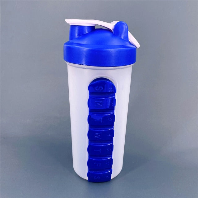 Vinallo 2-in-1-Pillendose mit Wasserflasche, 600 ml, mit integrierter  Pillenbox für die tägliche Einnahme, ideal auf Reisen / Camping / Wandern  blau